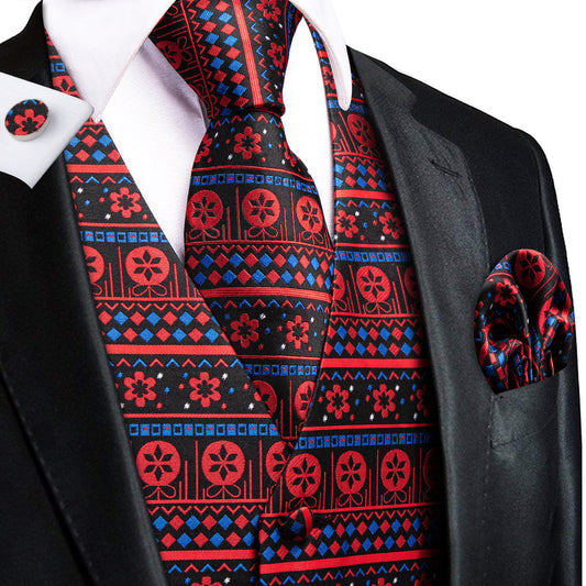 Christmas Black Red Little Flower Novelty Jacquard Silk Men's Vest Set vest set S (Chest 40")   - Sophisticated Gentlemen