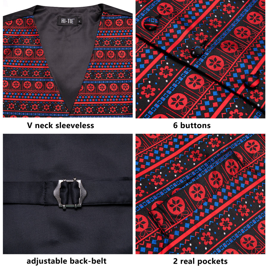 Christmas Black Red Little Flower Novelty Jacquard Silk Men's Vest Set vest set - Sophisticated Gentlemen