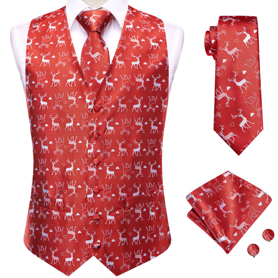 Red White Christmas Deer Novelty Jacquard Silk Vest Set vest set - Sophisticated Gentlemen