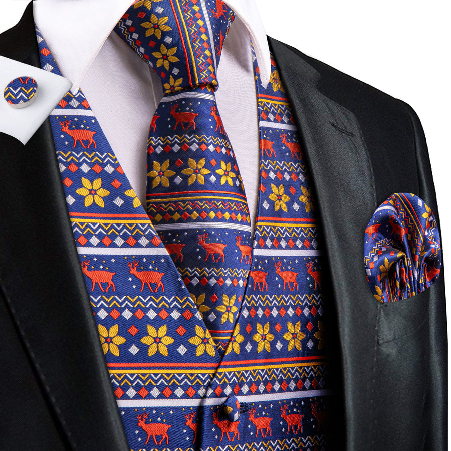 Navy Blue Red Christmas Deer Novelty Jacquard Silk Men's Vest Set vest set S (Chest 40") - Sophisticated Gentlemen