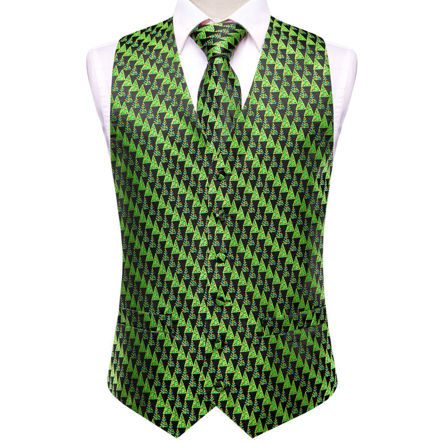 Black Green Christmas Tree Novelty Jacquard Silk Men's Vest Set vest set - Sophisticated Gentlemen
