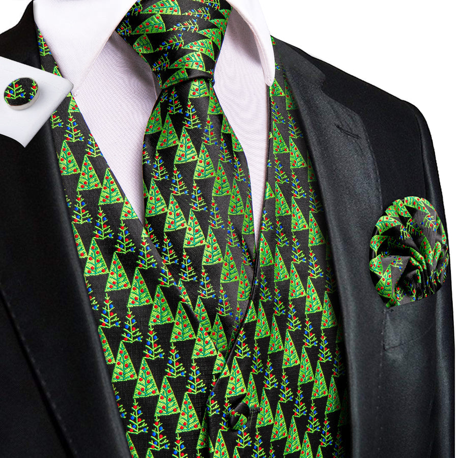 Black Green Christmas Tree Novelty Jacquard Silk Men's Vest Set vest set S (Chest 40") - Sophisticated Gentlemen
