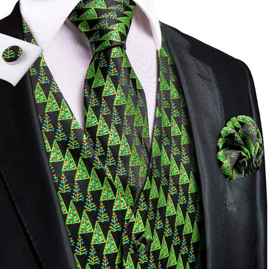 Black Green Christmas Tree Novelty Jacquard Silk Men's Vest Set vest set S (Chest 40")   - Sophisticated Gentlemen