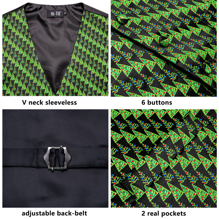 Black Green Christmas Tree Novelty Jacquard Silk Men's Vest Set vest set - Sophisticated Gentlemen