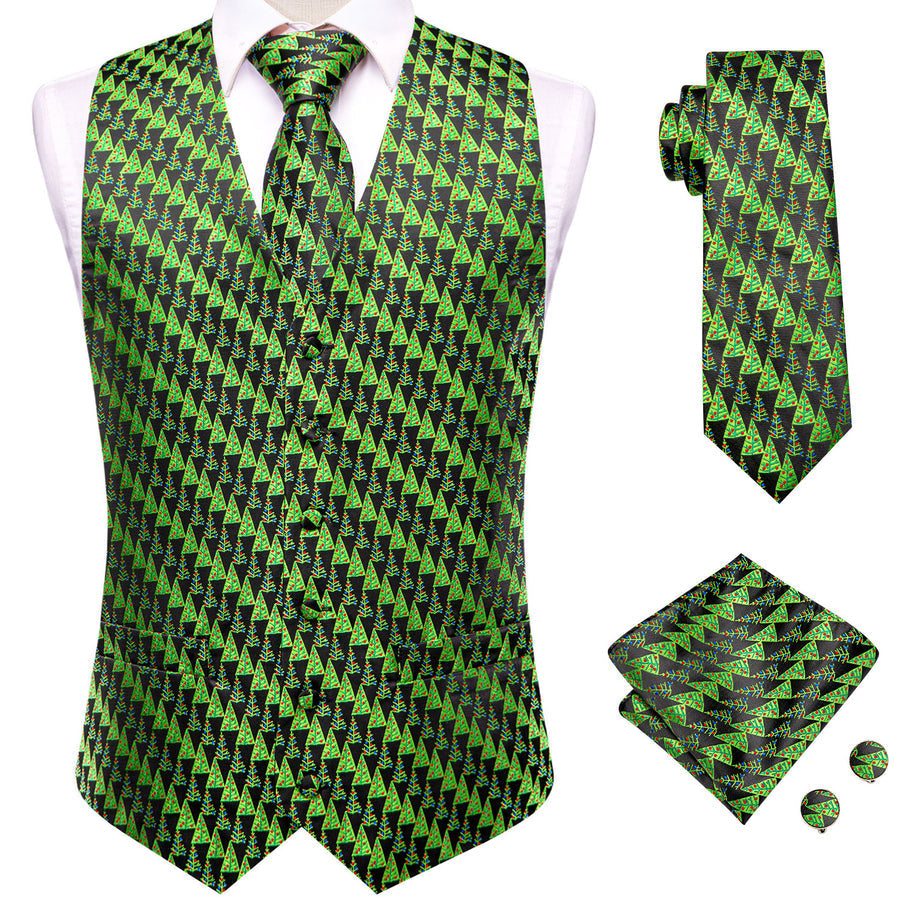 Black Green Christmas Tree Novelty Jacquard Silk Men's Vest Set vest set - Sophisticated Gentlemen