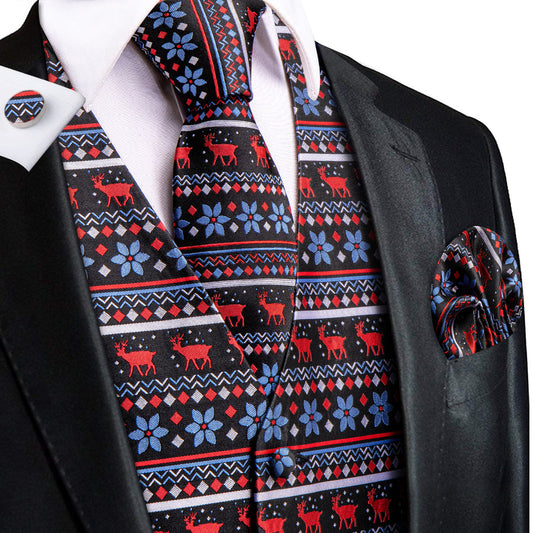 Black and Blue Jacquard Silk Vest Set with Red Christmas Deer Design - 4 Piece vest set S (Chest 40")   - Sophisticated Gentlemen