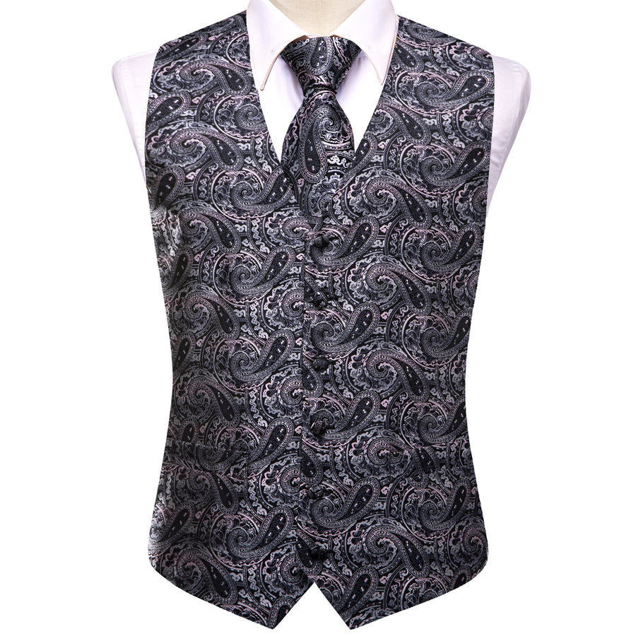 Black Pink Paisley Jacquard Silk Vest Set vest set - Sophisticated Gentlemen