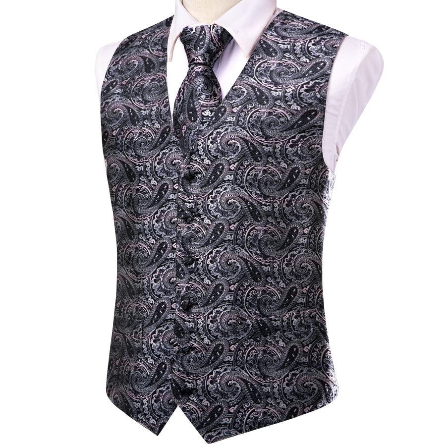 Black Pink Paisley Jacquard Silk Vest Set vest set - Sophisticated Gentlemen