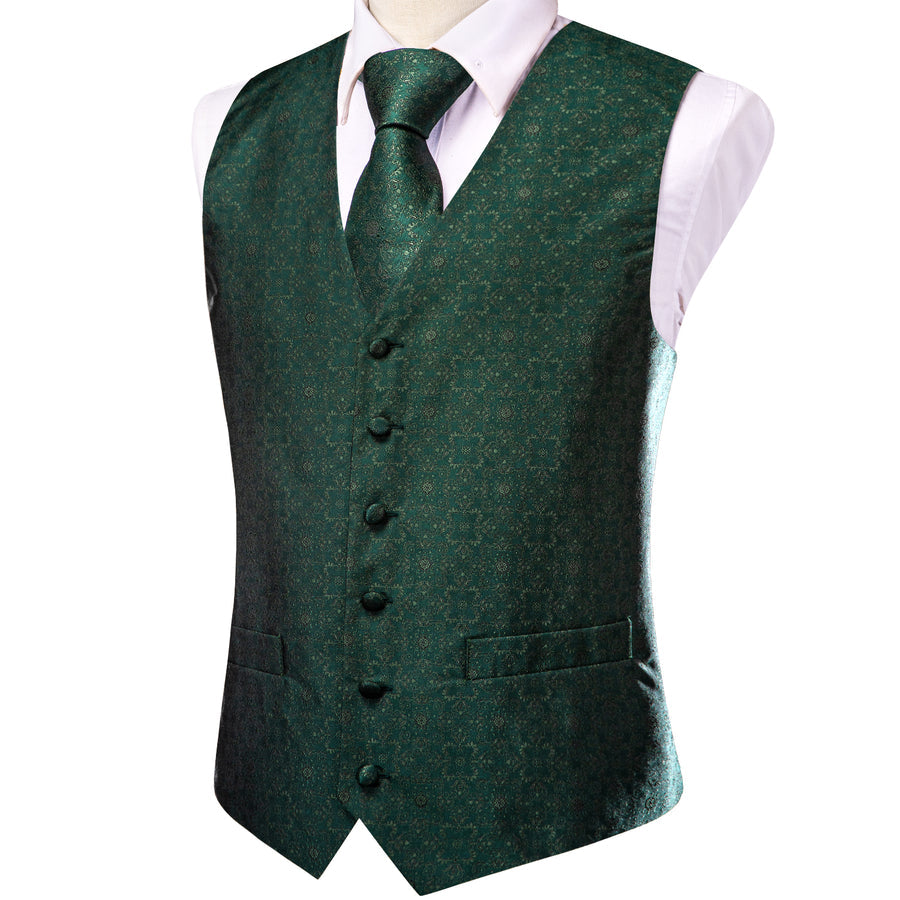 Sapphire Pine Green Flower Jacquard Silk Vest Set vest set - Sophisticated Gentlemen
