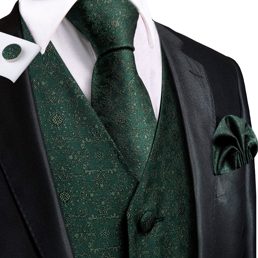 Sapphire Pine Green Flower Jacquard Silk Vest Set vest set S (Chest 40") - Sophisticated Gentlemen