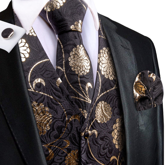 Black Golden Flower Floral Jacquard Silk Men's Vest Set vest set S (Chest 40")   - Sophisticated Gentlemen