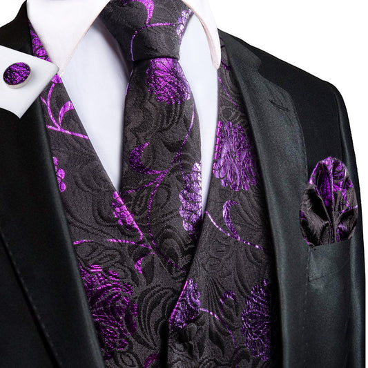 Black Purple Flower Floral Jacquard Silk Men's Vest Set vest set S (Chest 40")   - Sophisticated Gentlemen