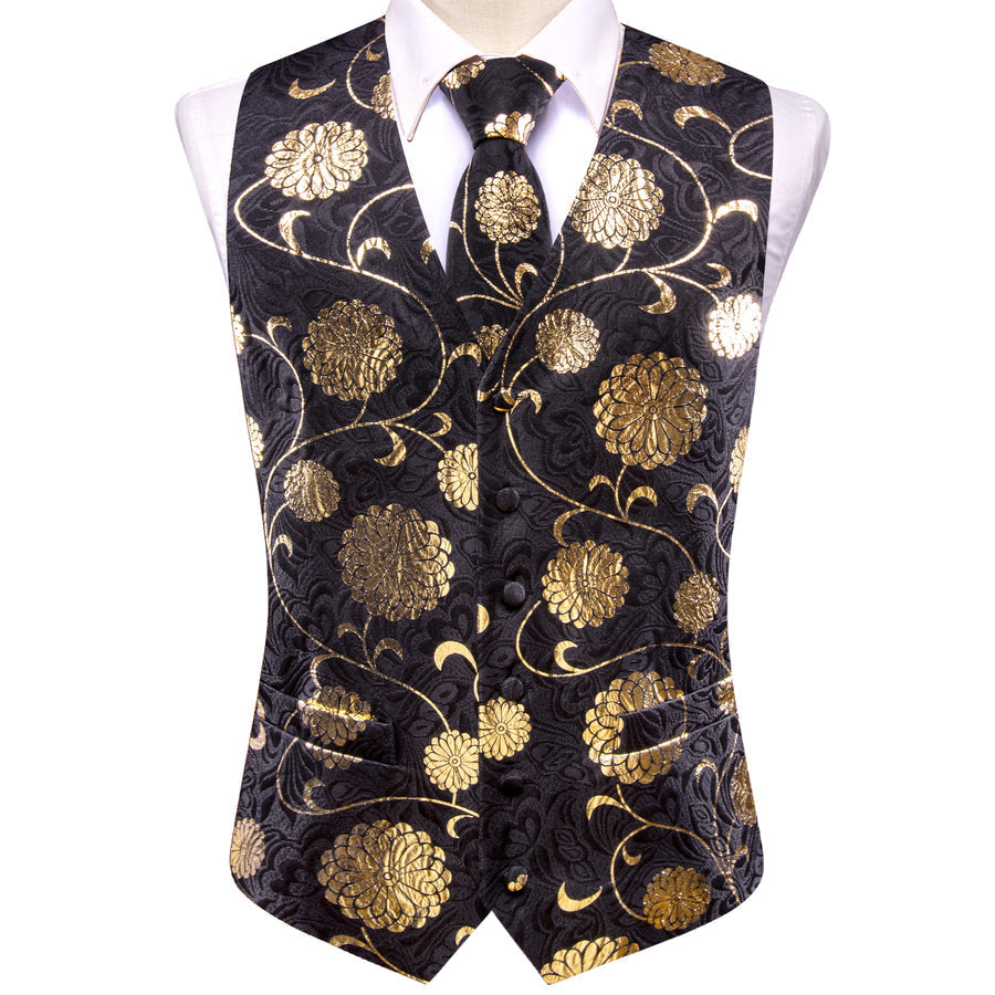 Black Gold Floral Jacquard Silk Men's Vest Set vest set - Sophisticated Gentlemen
