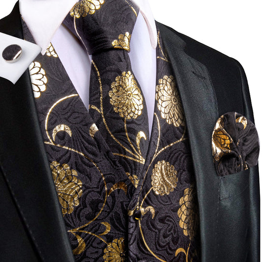 Black Gold Floral Jacquard Silk Men's Vest Set vest set S (Chest 40")   - Sophisticated Gentlemen