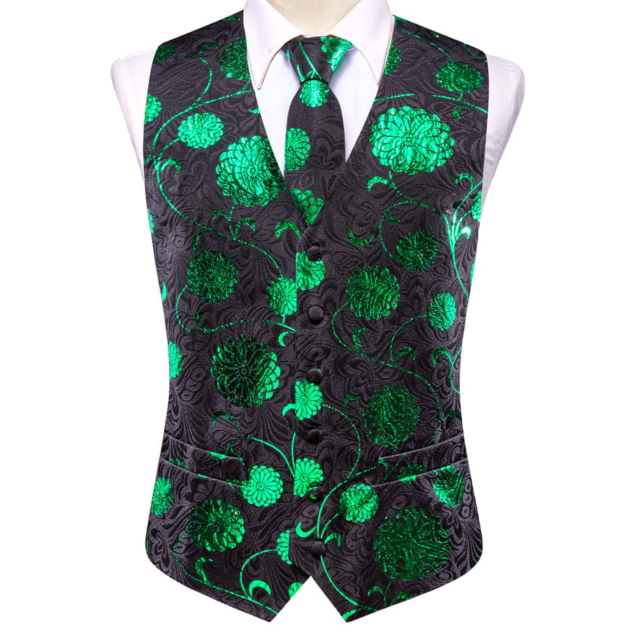 Black Green Floral Jacquard Silk Men's Vest Set vest set - Sophisticated Gentlemen