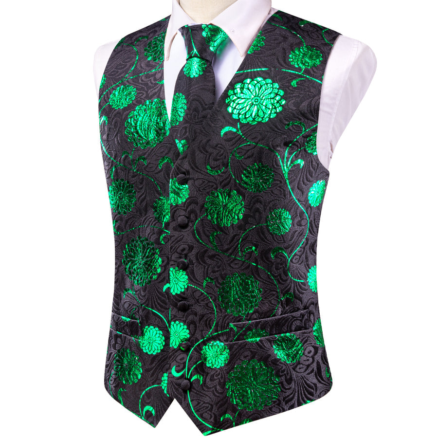 Black Green Floral Jacquard Silk Men's Vest Set vest set - Sophisticated Gentlemen