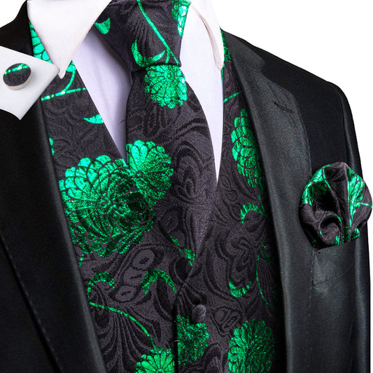 Black Green Floral Jacquard Silk Men's Vest Set vest set S (Chest 40")   - Sophisticated Gentlemen