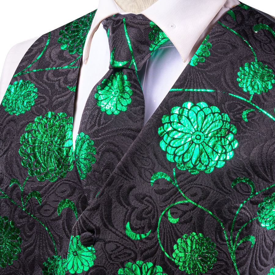 Black Green Floral Jacquard Silk Men's Vest Set vest set - Sophisticated Gentlemen