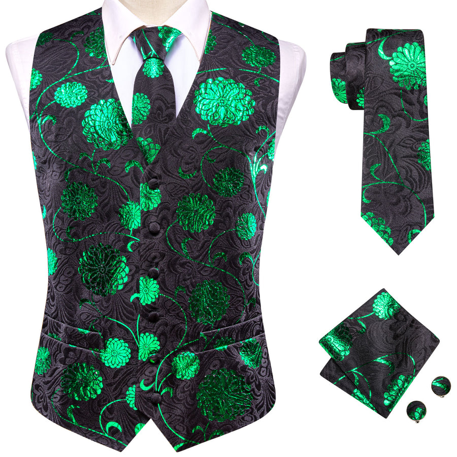 Black Green Floral Jacquard Silk Men's Vest Set vest set - Sophisticated Gentlemen