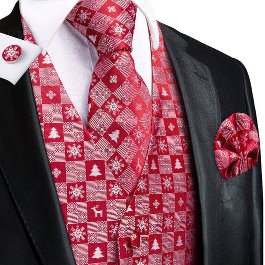 Christmas Red Snowflake Novelty Jacquard Silk Men's Vest Set vest set S (Chest 40")   - Sophisticated Gentlemen