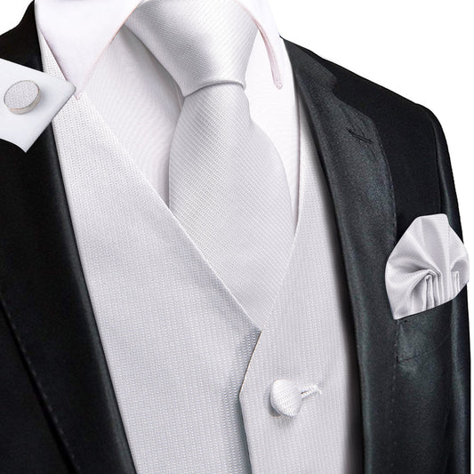 Dark White Solid Jacquard Silk Men's Vest Set vest set S (Chest 40")   - Sophisticated Gentlemen