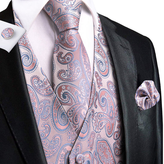 Pink Orange SkyBlue Paisley Jacquard Silk Vest Set vest set S (Chest 40")   - Sophisticated Gentlemen