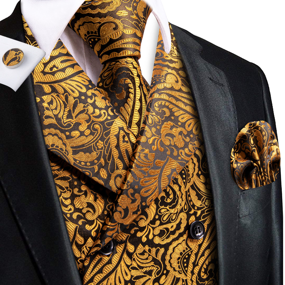 Yellow-Black Paisley Jacquard Vest Set Vest set S (Chest 40) - Sophisticated Gentlemen
