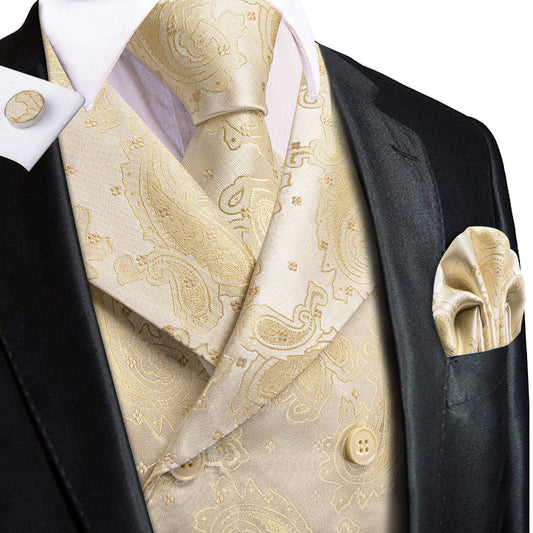 Pastel Gold Paisley Jacquard Vest Set Vest set S (Chest 40)   - Sophisticated Gentlemen