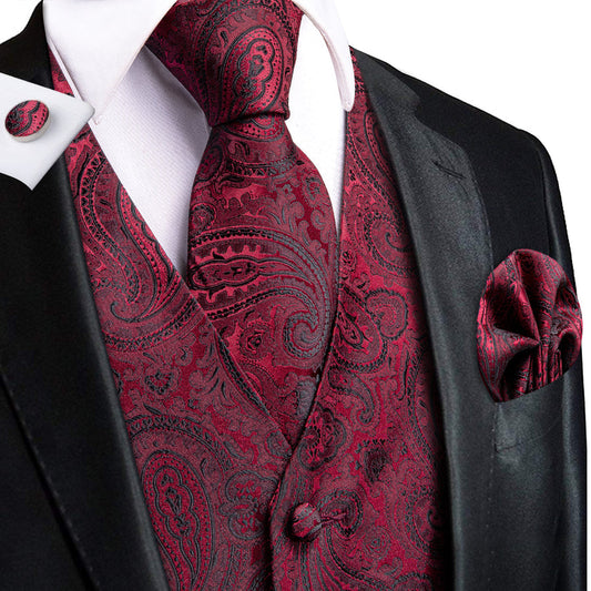 Dark Red Black Paisley Jacquard Silk Men's Vest Set vest set S (Chest 40")   - Sophisticated Gentlemen