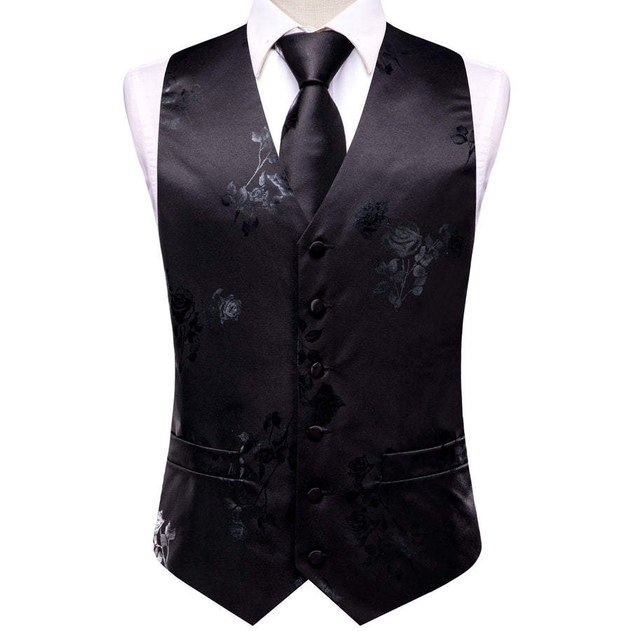 Black Gray Rose Floral Jacquard Silk Men's Vest Set vest set - Sophisticated Gentlemen