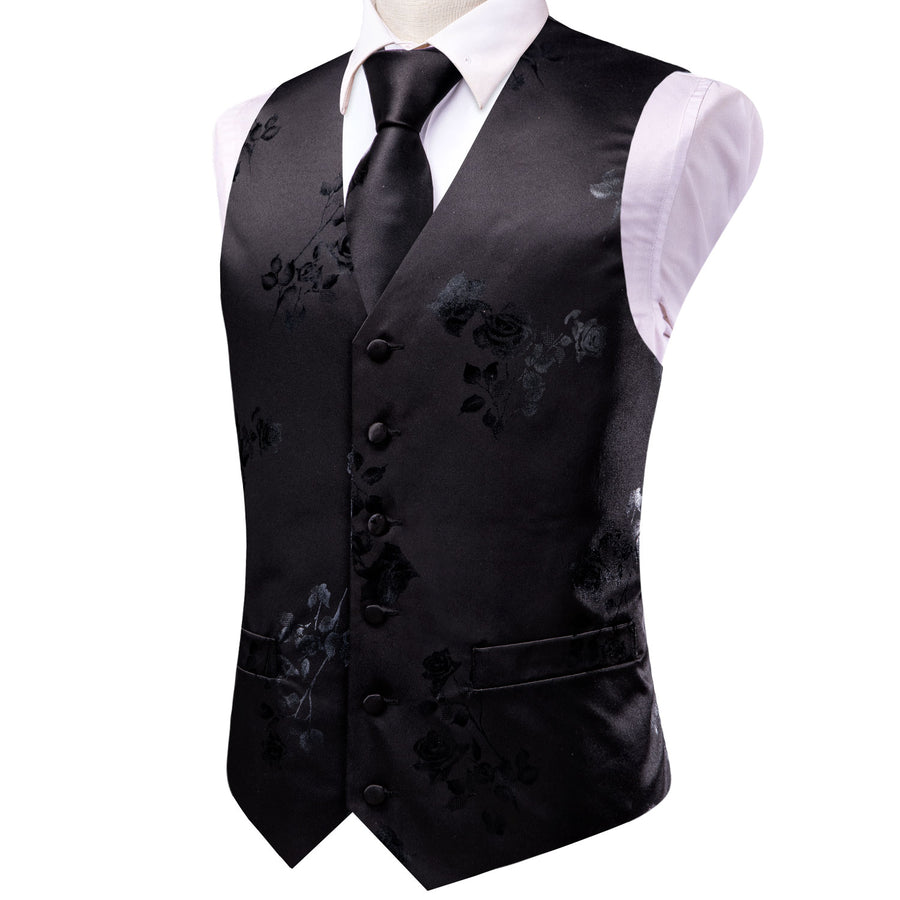 Black Gray Rose Floral Jacquard Silk Men's Vest Set vest set - Sophisticated Gentlemen