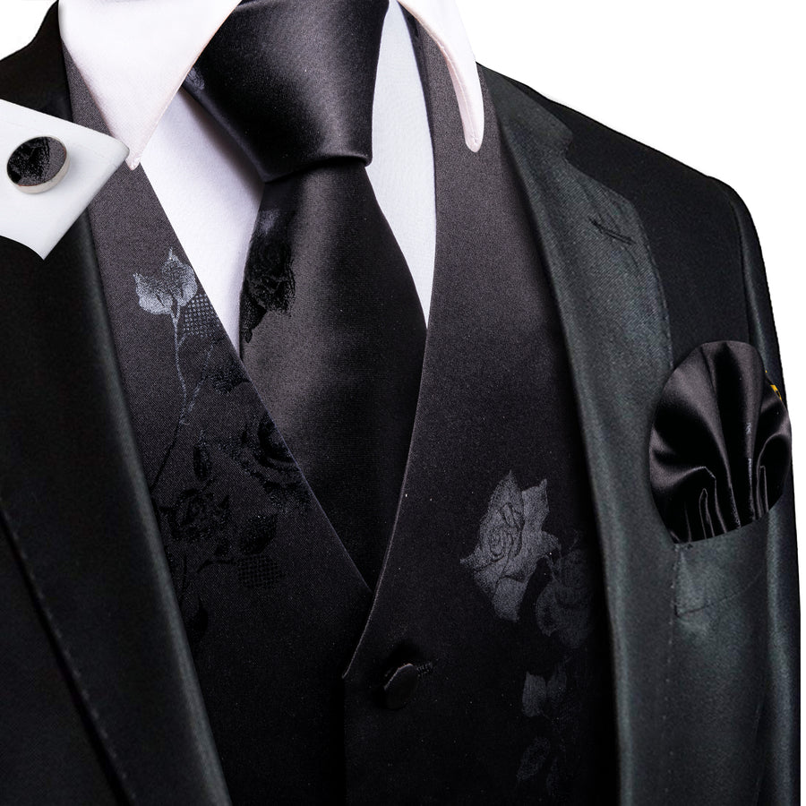 Black Gray Rose Floral Jacquard Silk Men's Vest Set vest set S (Chest 40") - Sophisticated Gentlemen