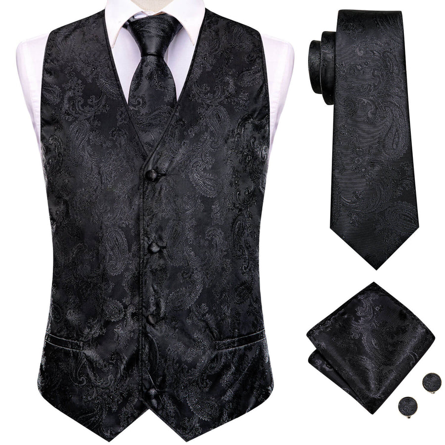 Crow Black Jacquard Paisley Silk Vest Set vest set - Sophisticated Gentlemen