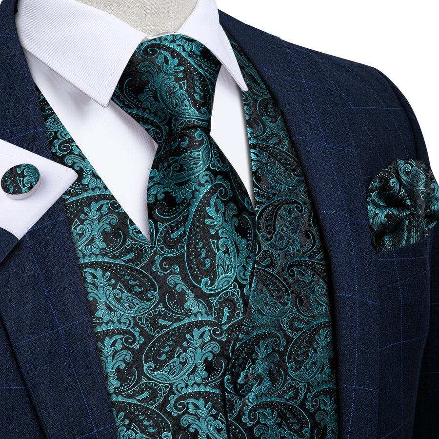 Black Blue Paisley Jacquard Silk Men's Vest vest set S (Chest 40") - Sophisticated Gentlemen