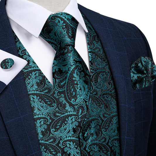 Black Blue Paisley Jacquard Silk Men's Vest vest set S (Chest 40")   - Sophisticated Gentlemen