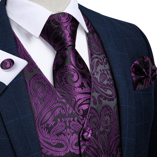 Black Purple Paisley Jacquard Silk Men's Vest Set vest set S (Chest 40")   - Sophisticated Gentlemen