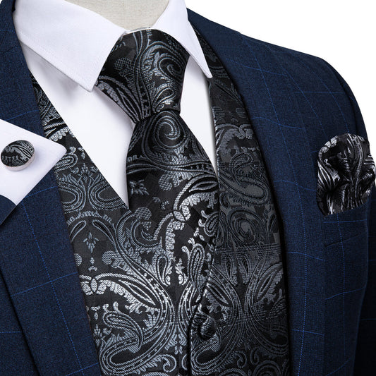 Black White Gradient Paisley Jacquard Silk Men's Vest Set vest set S (Chest 40")   - Sophisticated Gentlemen