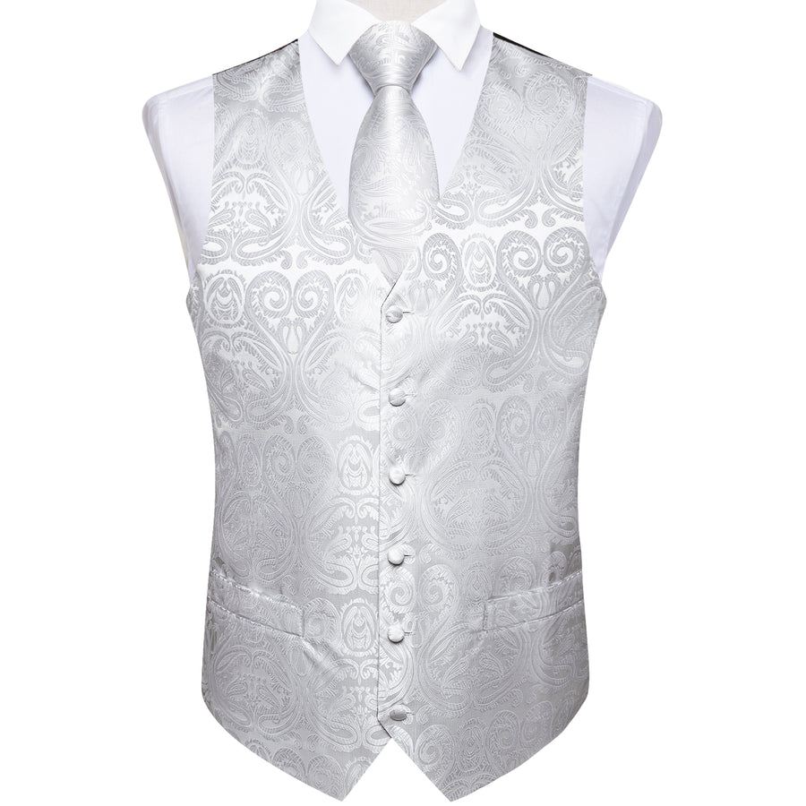 Pure White Paisley Jacquard Silk Vest Set vest set - Sophisticated Gentlemen