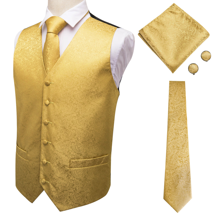 Luxury Gold Paisley Jacquard Silk Vest Set vest set - Sophisticated Gentlemen