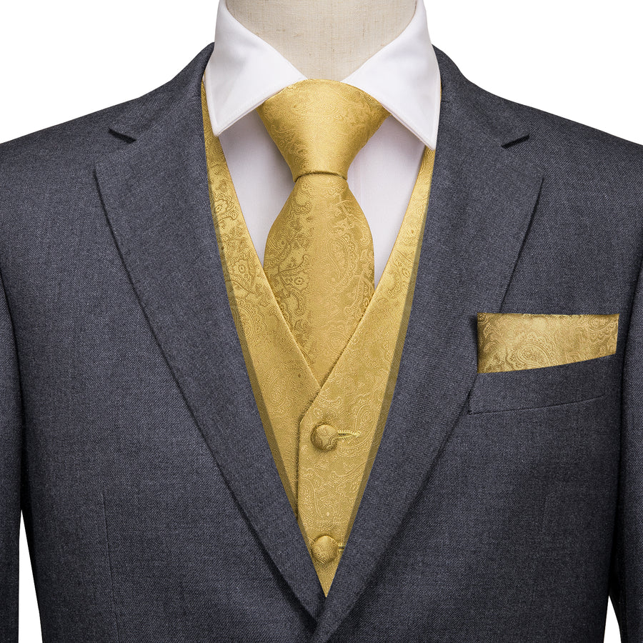 Luxury Gold Paisley Jacquard Silk Vest Set vest set S (Chest 40") - Sophisticated Gentlemen