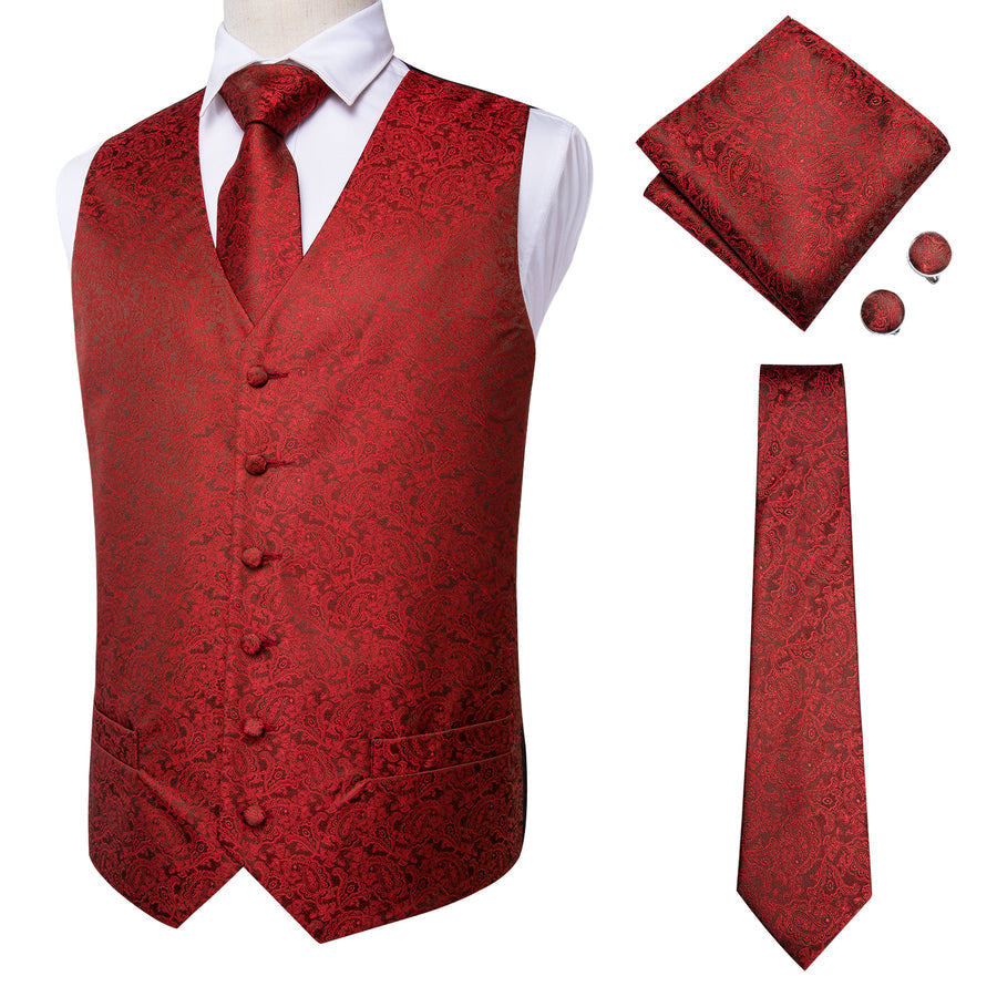 Red Paisley Jacquard Silk Vest Set vest set - Sophisticated Gentlemen