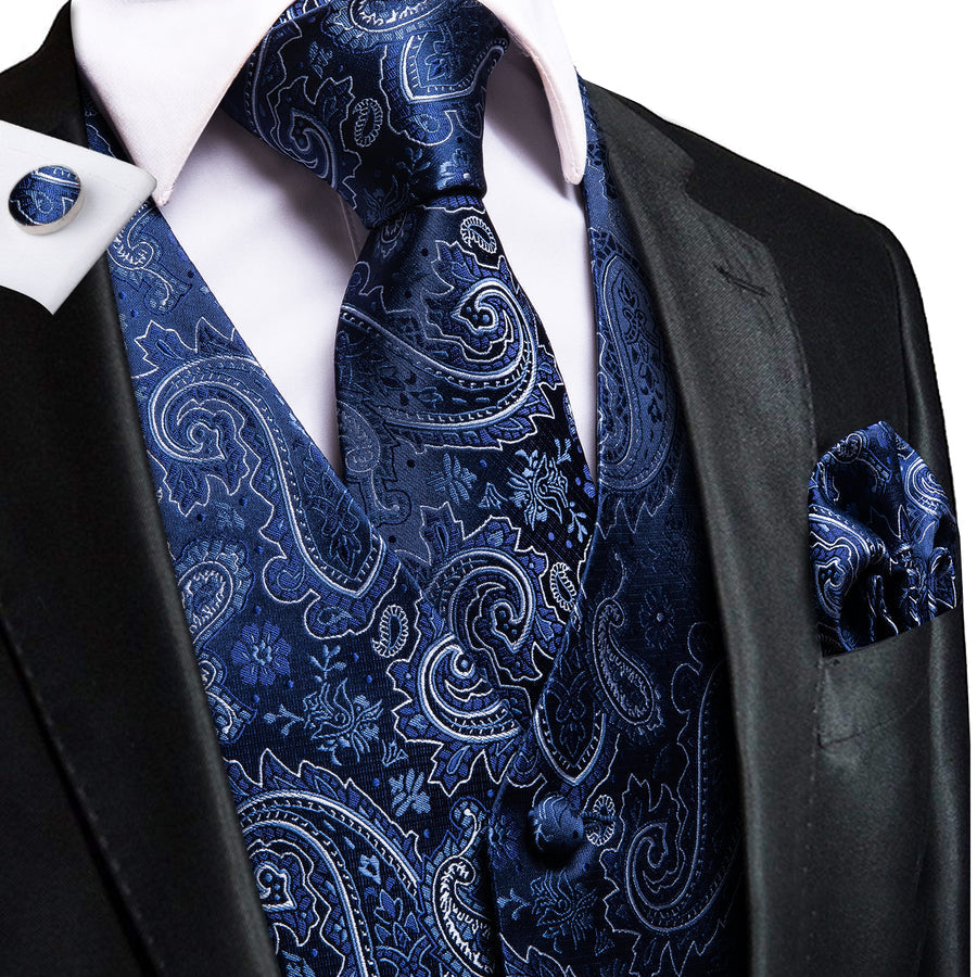 Navy Blue Paisley Vest Set vest set S (Chest 40")   - Sophisticated Gentlemen