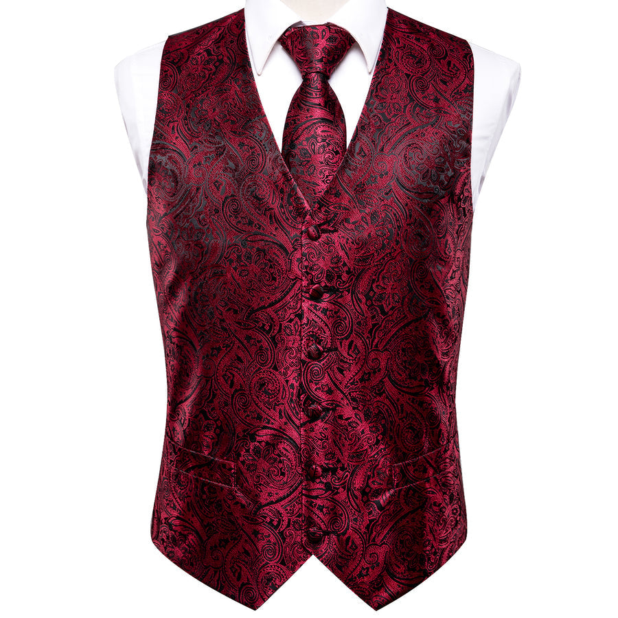 Red and Black Paisley Jacquard Silk Vest Set vest set - Sophisticated Gentlemen