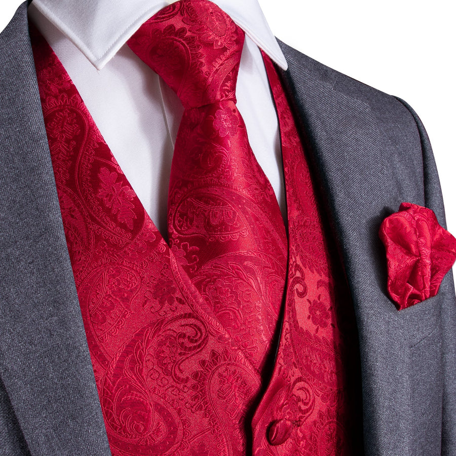 Luxury Red Paisley Silk Vest Set vest set S (Chest 40") - Sophisticated Gentlemen
