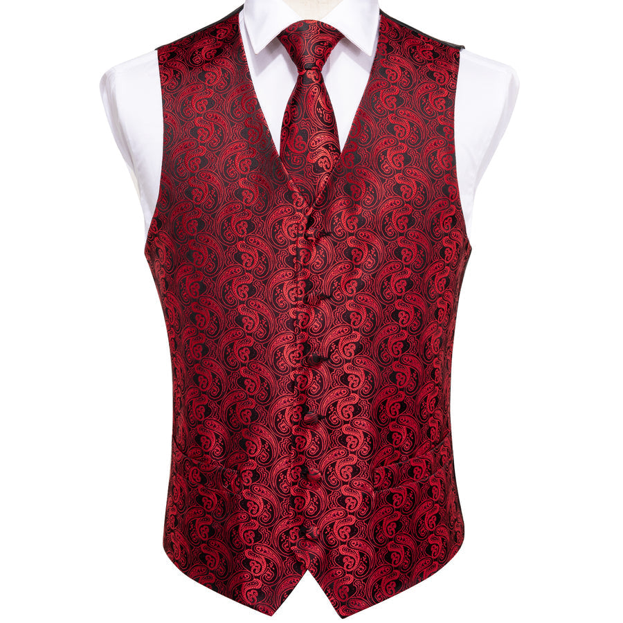 Luxury Black Red Paisley Jacquard Silk Vest Set vest set - Sophisticated Gentlemen