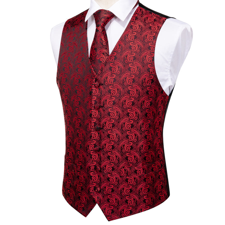 Luxury Black Red Paisley Jacquard Silk Vest Set vest set - Sophisticated Gentlemen