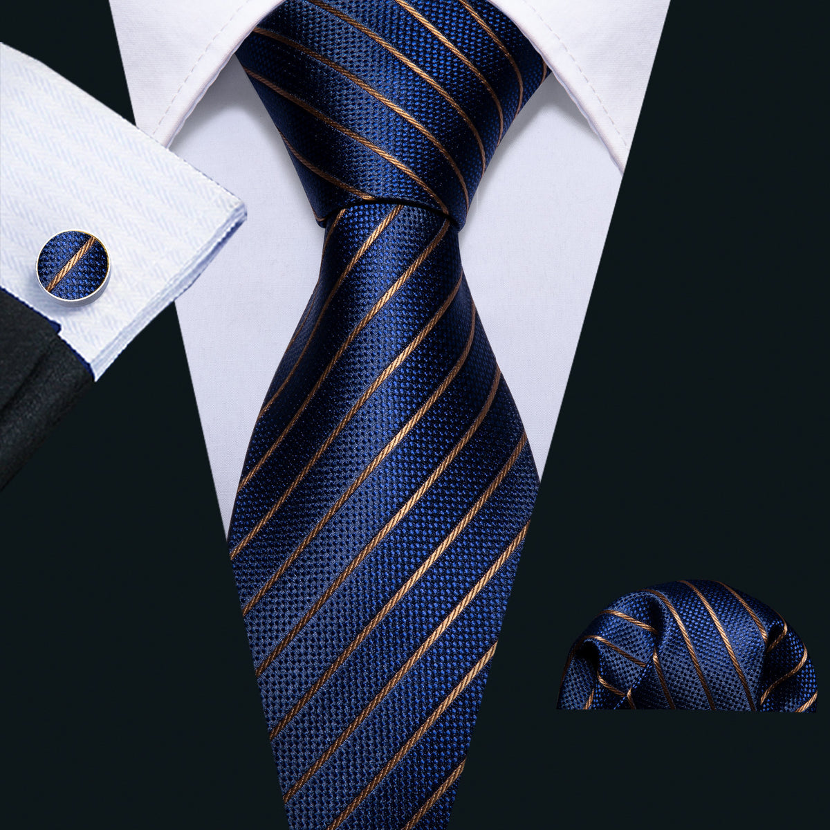 Deep Blue Gold Striped Silk Tie, Pocket Square and Cufflinks Set tie sets - Sophisticated Gentlemen