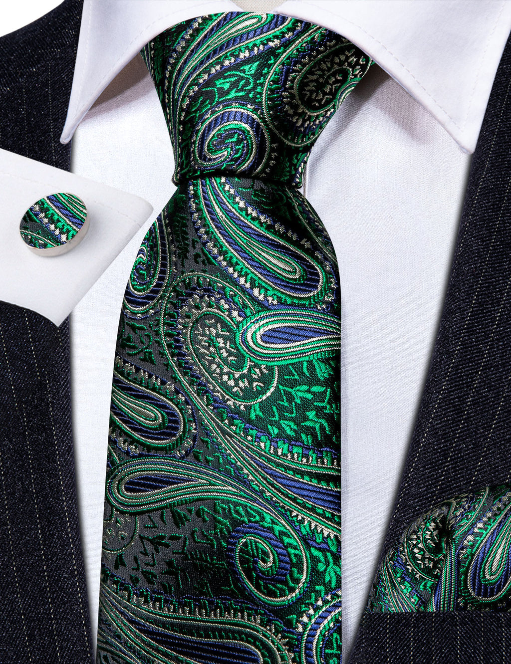 Green Jacquard Paisley Silk Tie, Pocket Square and Cufflinks Set tie sets - Sophisticated Gentlemen