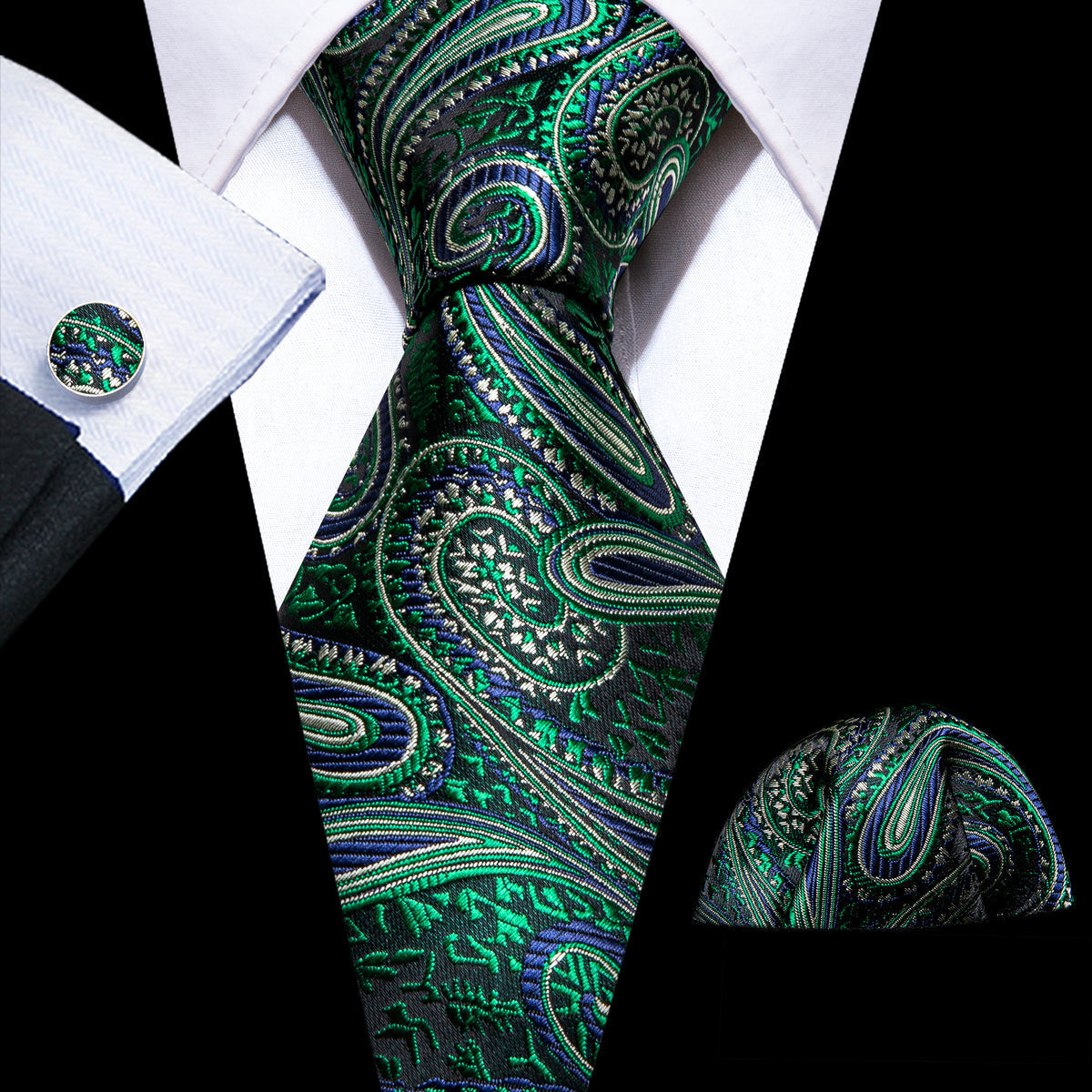 Green Jacquard Paisley Silk Tie, Pocket Square and Cufflinks Set tie sets - Sophisticated Gentlemen