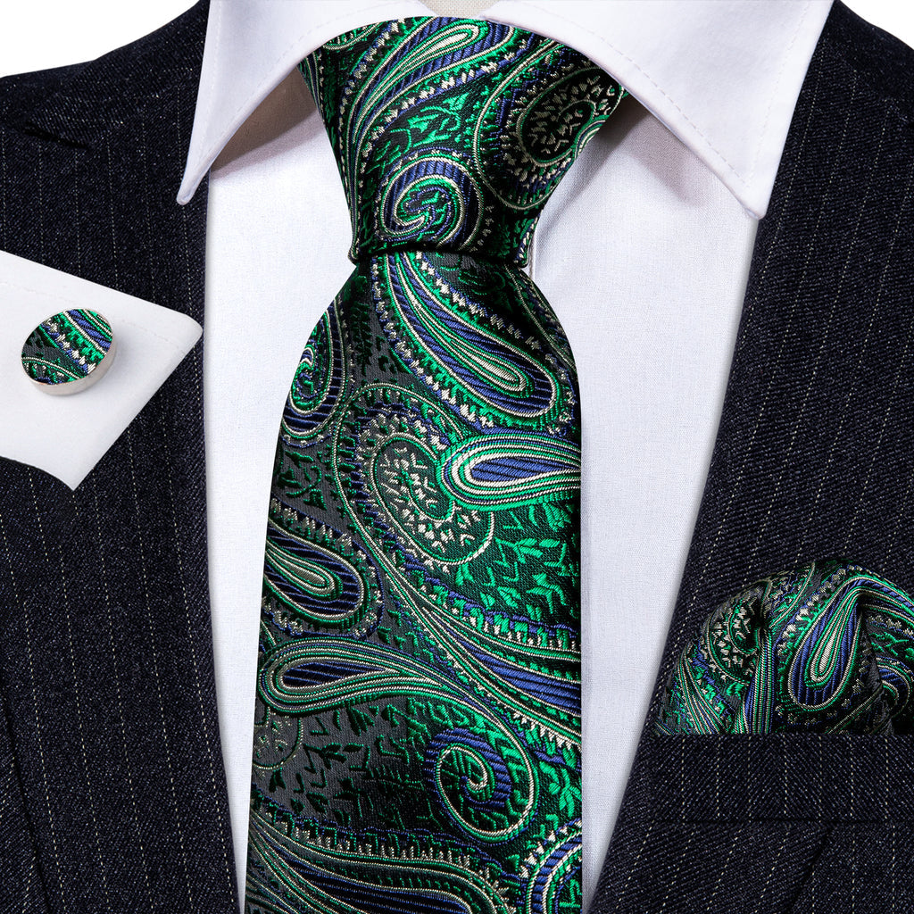 Green Jacquard Paisley Silk Tie, Pocket Square and Cufflinks Set tie sets - Sophisticated Gentlemen